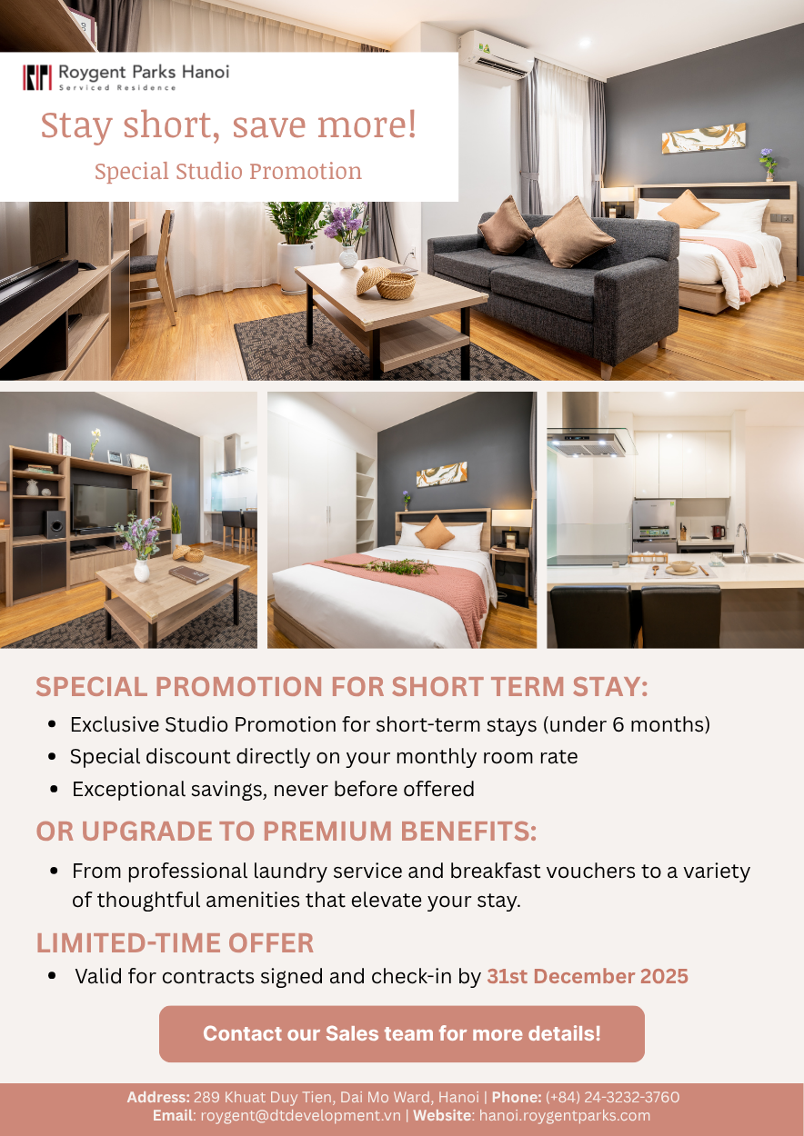 🍂 Short-term Studio Rental at Roygent Parks Hanoi – Special Autumn Offer